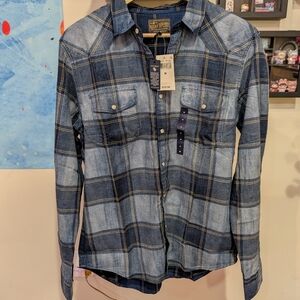 NWT Lucky Brand True Indigo Flannel Pearl Snap Button Up (M)